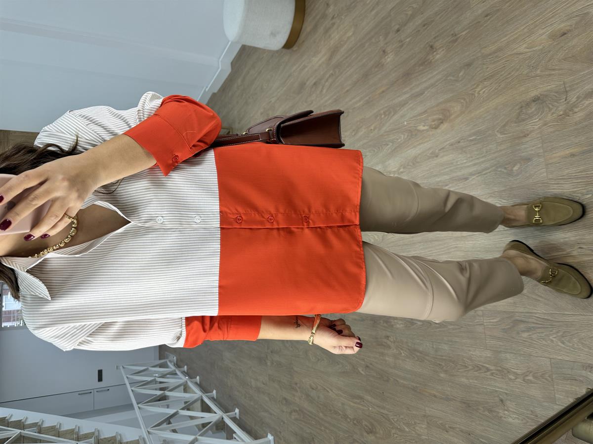 Bej Çizgili Poplin Gömlek