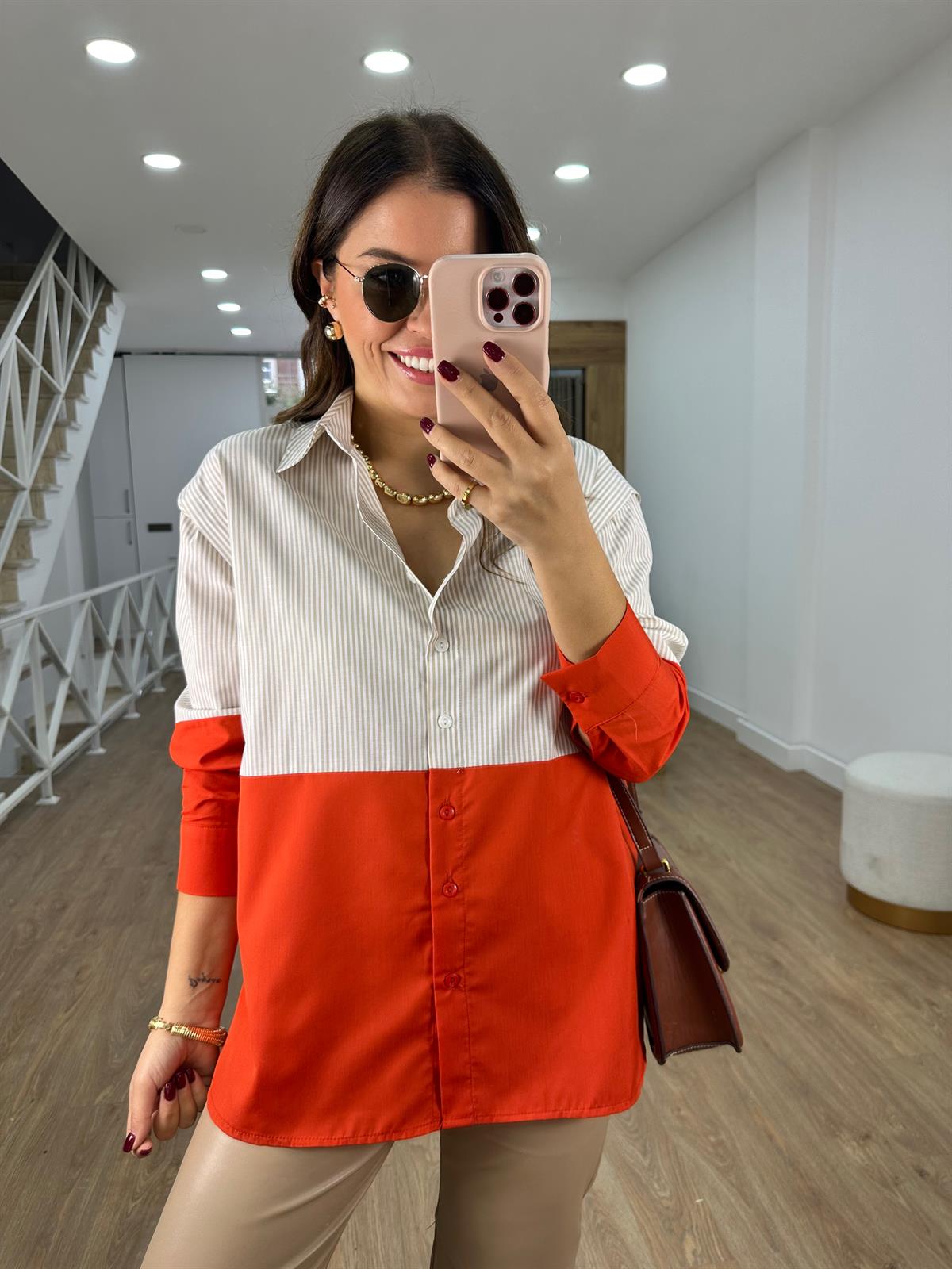 Bej Çizgili Poplin Gömlek