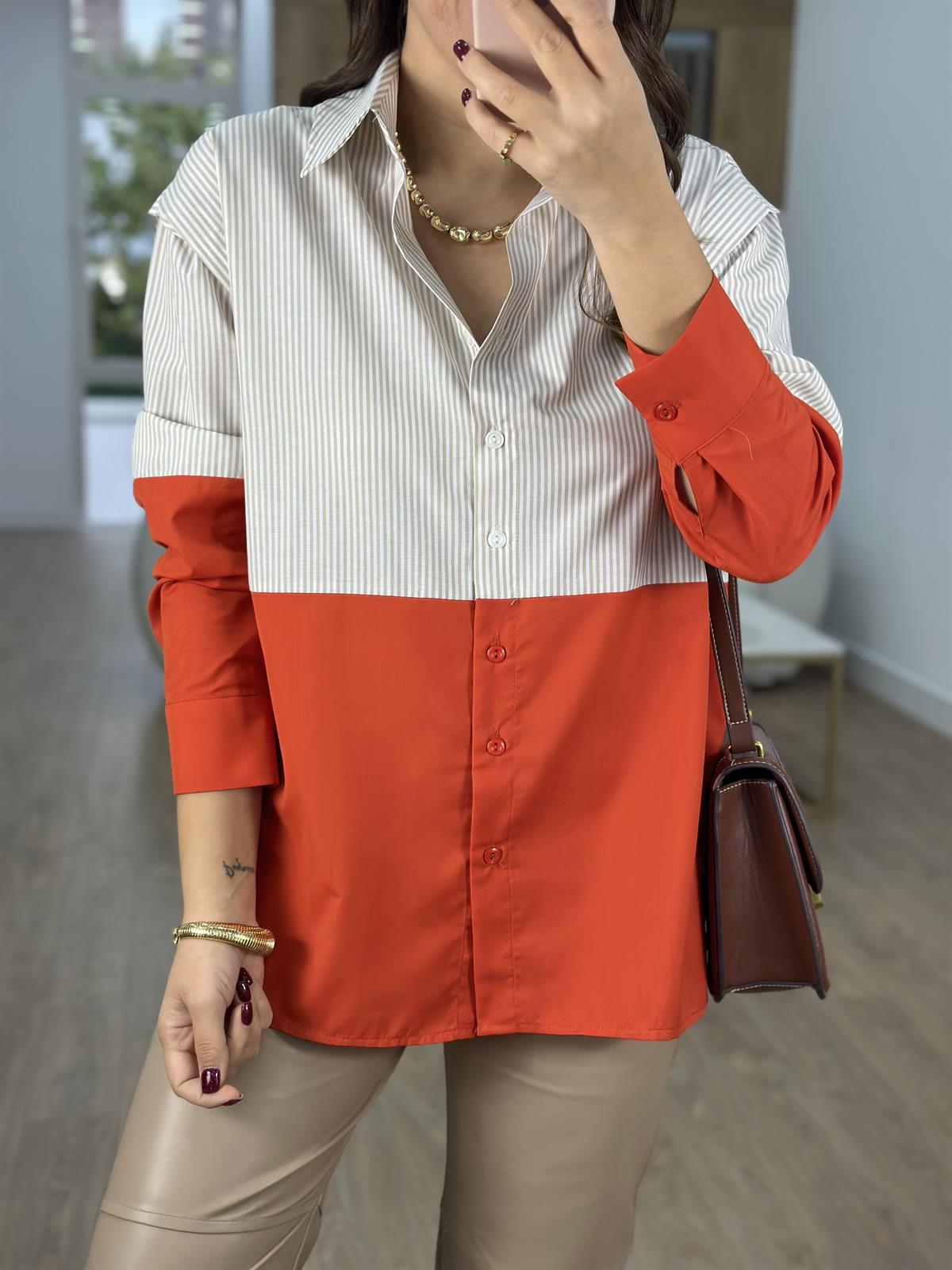 Bej Çizgili Poplin Gömlek