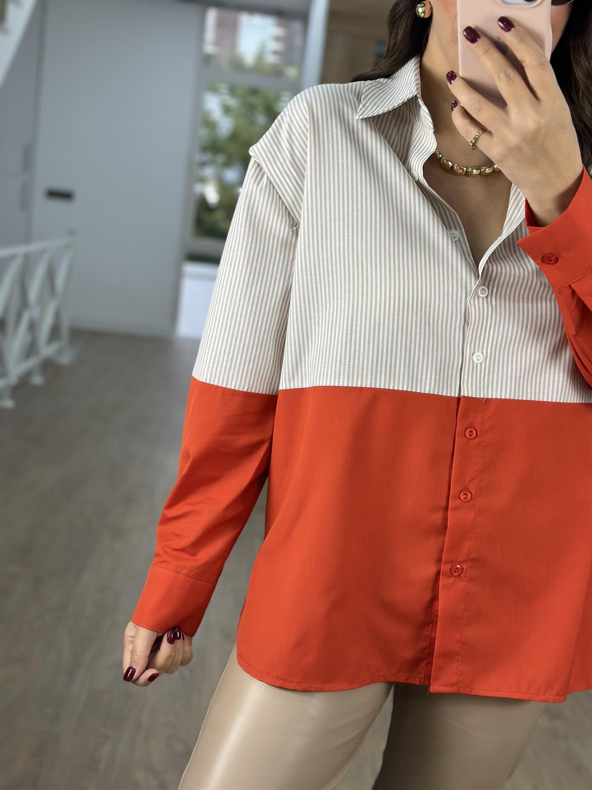 Bej Çizgili Poplin Gömlek