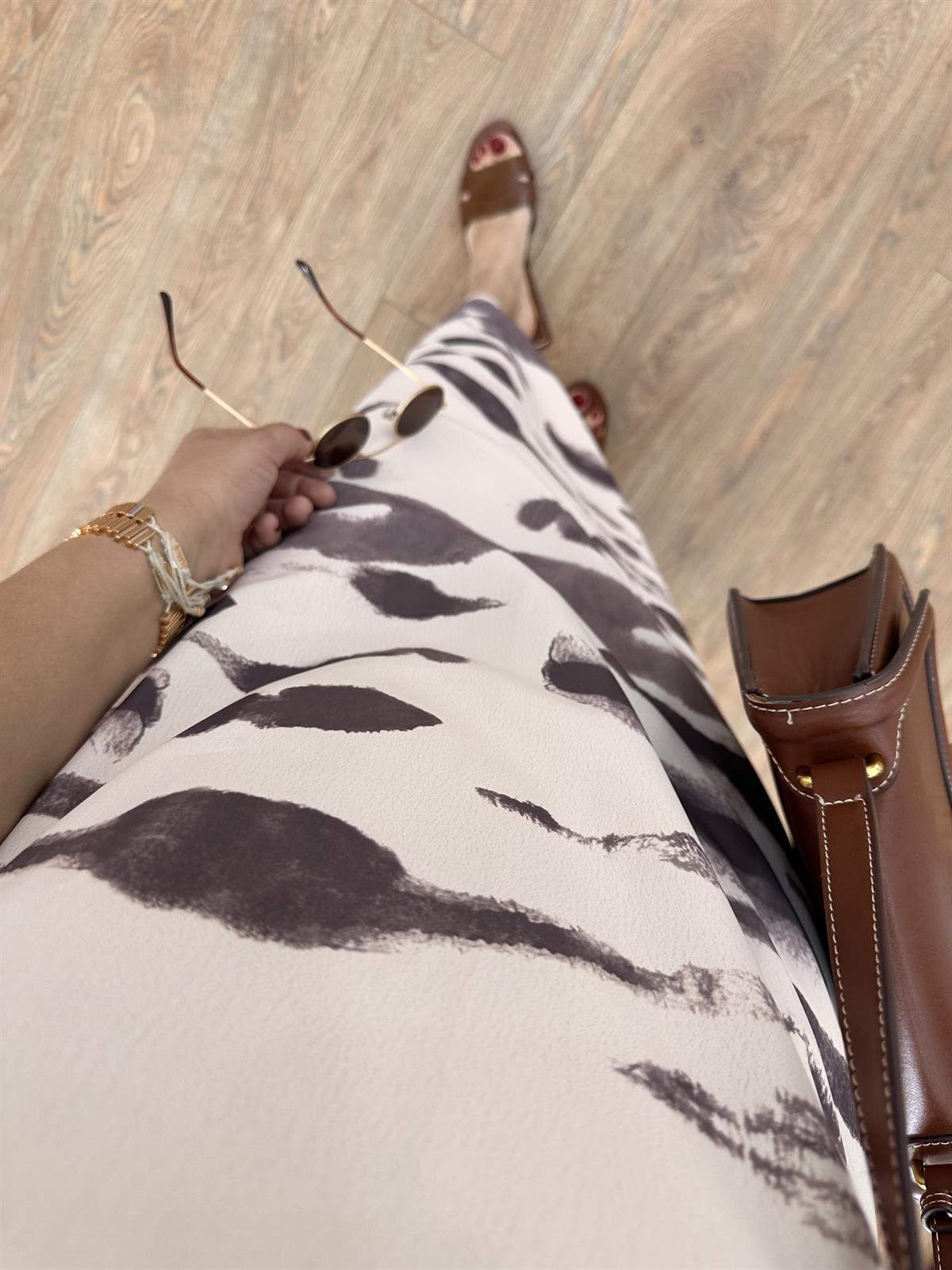 Bej-Kahve Desenli Krep Elbise