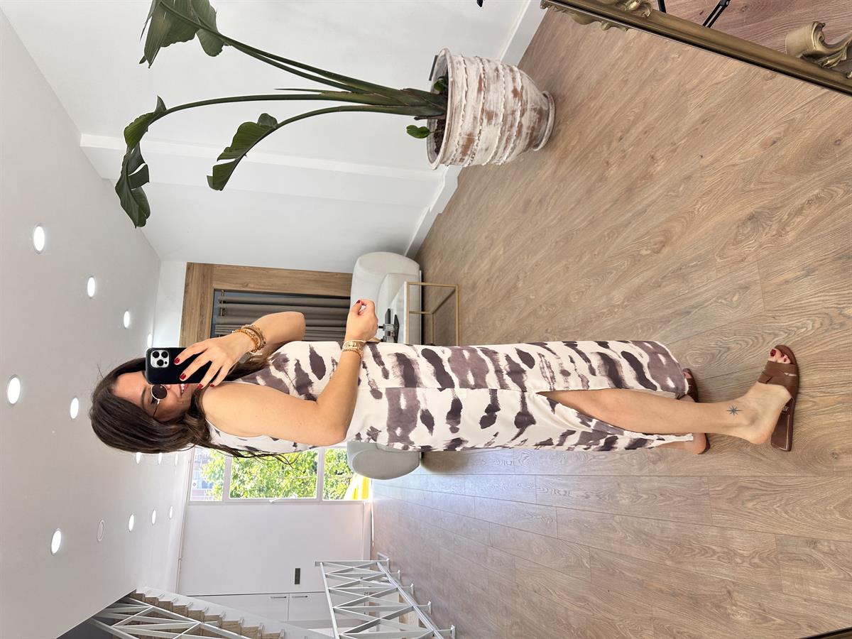 Bej-Kahve Desenli Krep Elbise