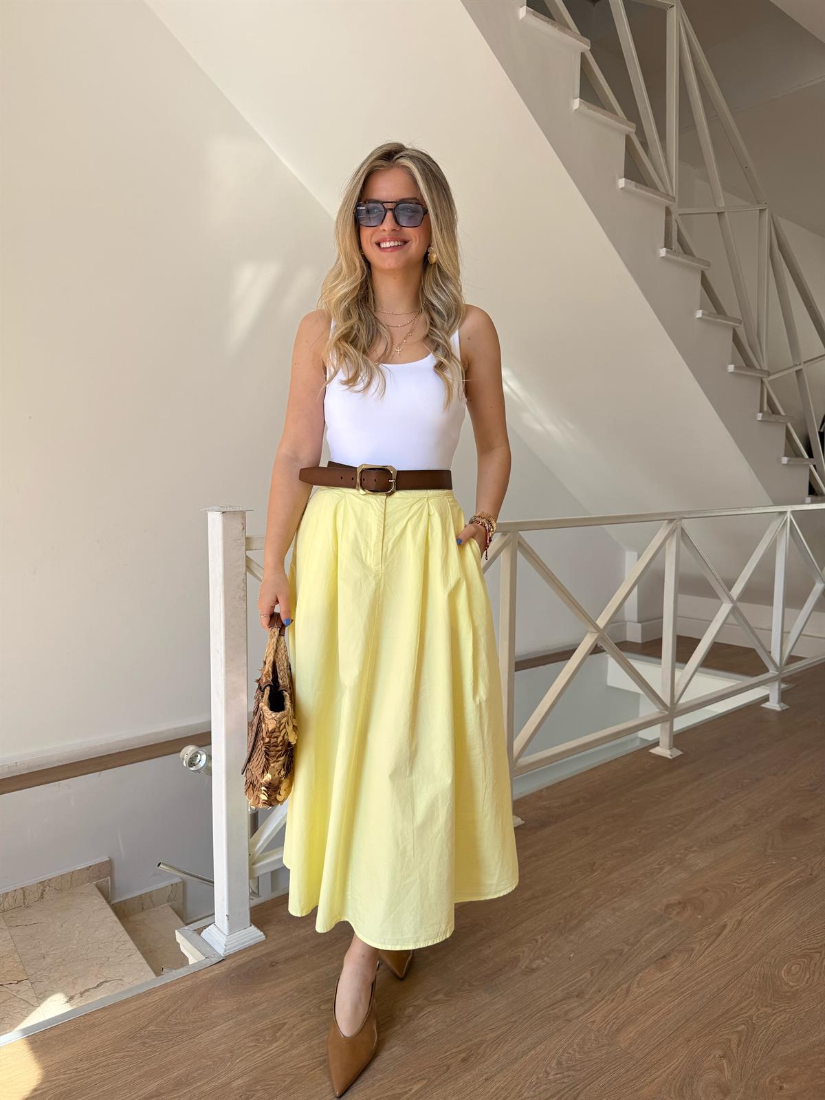 Bel Arkası Lastikli Cepli Poplin Etek 