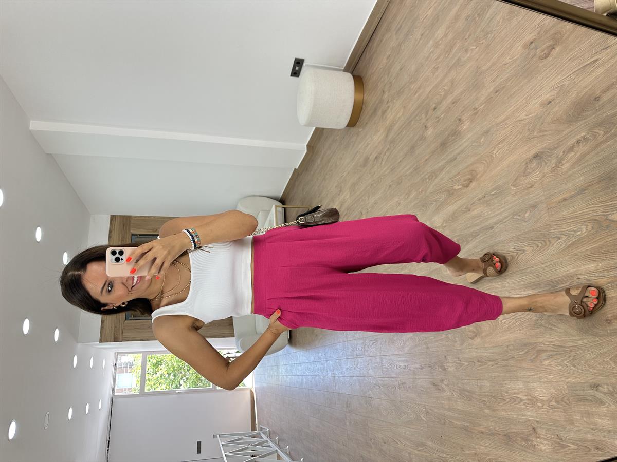 Bel Arkası Lastikli Keten Pantolon-Fuşya