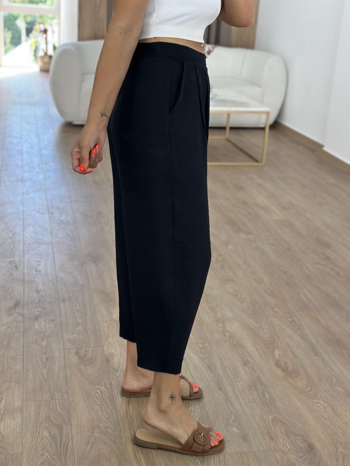 Bel Arkası Lastikli Keten Pantolon-Siyah