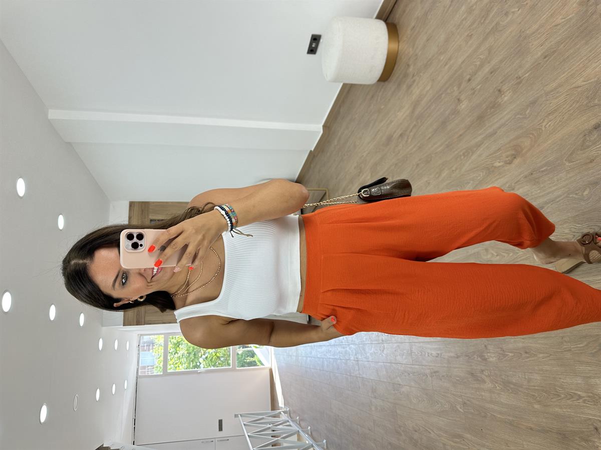 Bel Arkası Lastikli Keten Pantolon-Turuncu