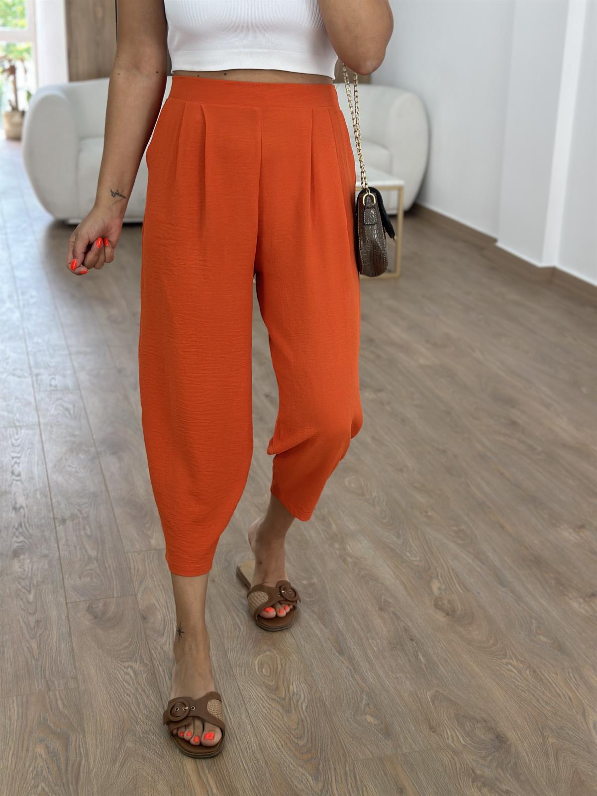 Bel Arkası Lastikli Keten Pantolon-Turuncu