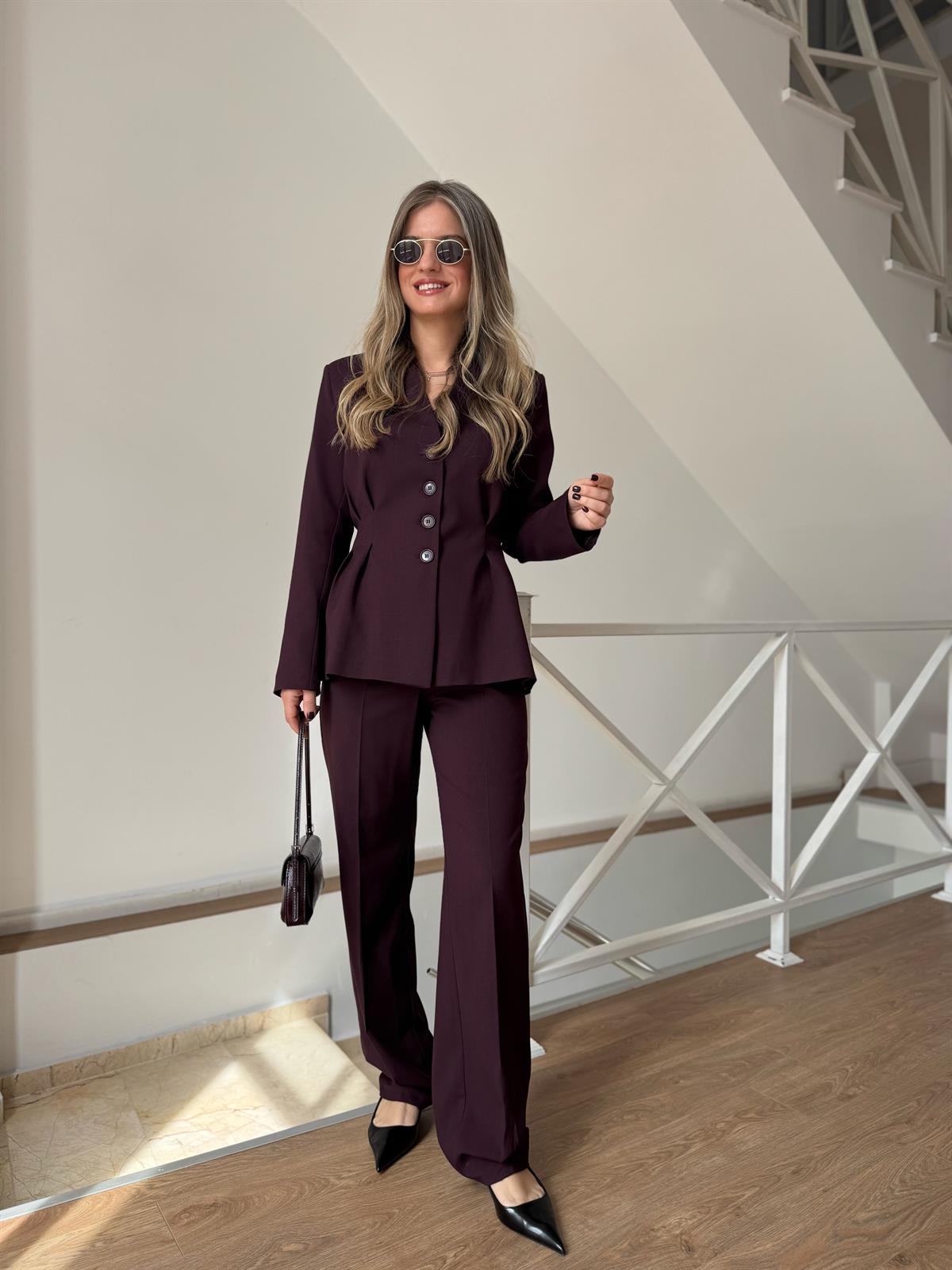 Belden Oturtmalı Blazer Ceketli Takım - Mürdüm