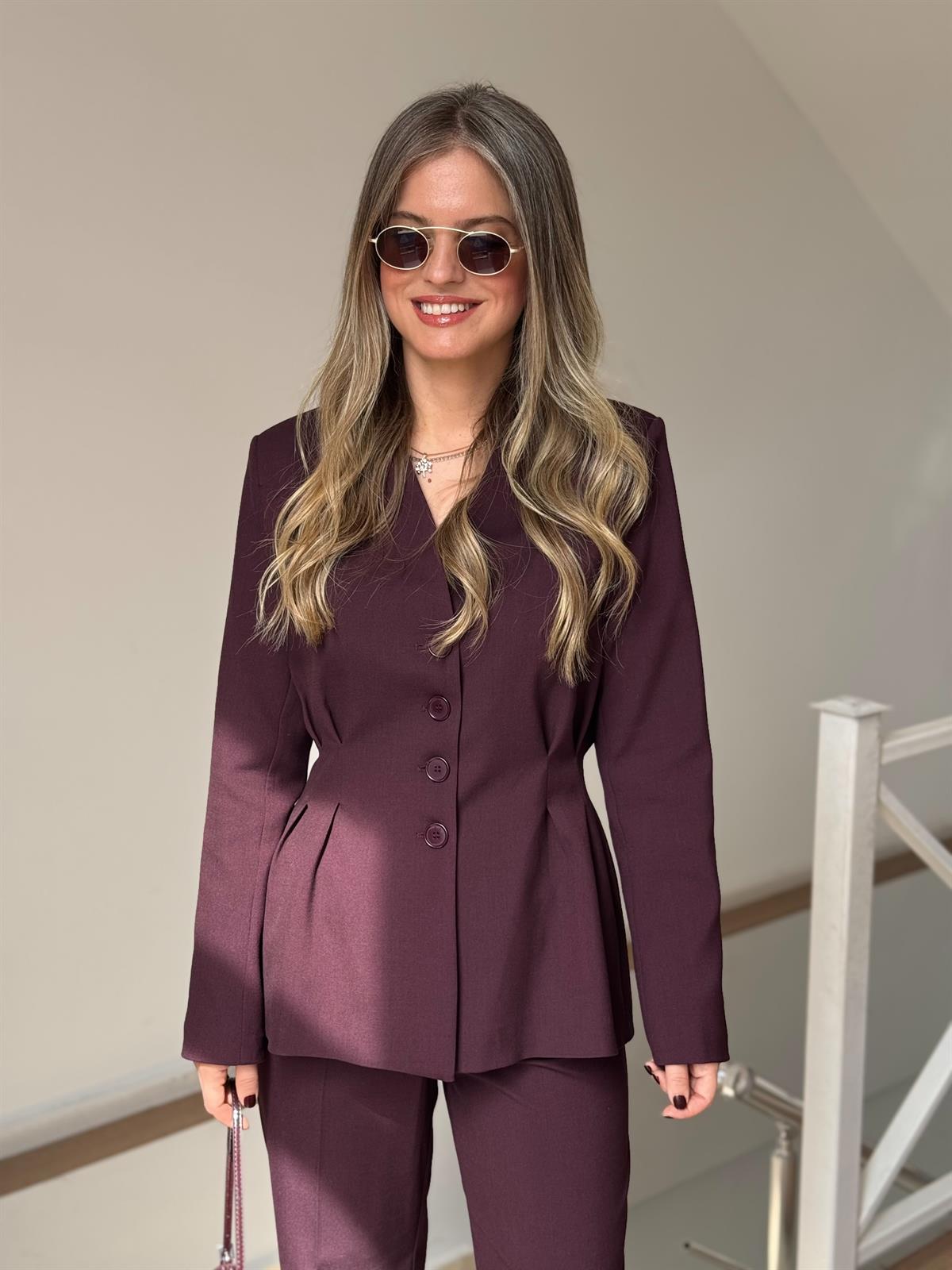 Belden Oturtmalı Blazer Ceketli Takım - Mürdüm