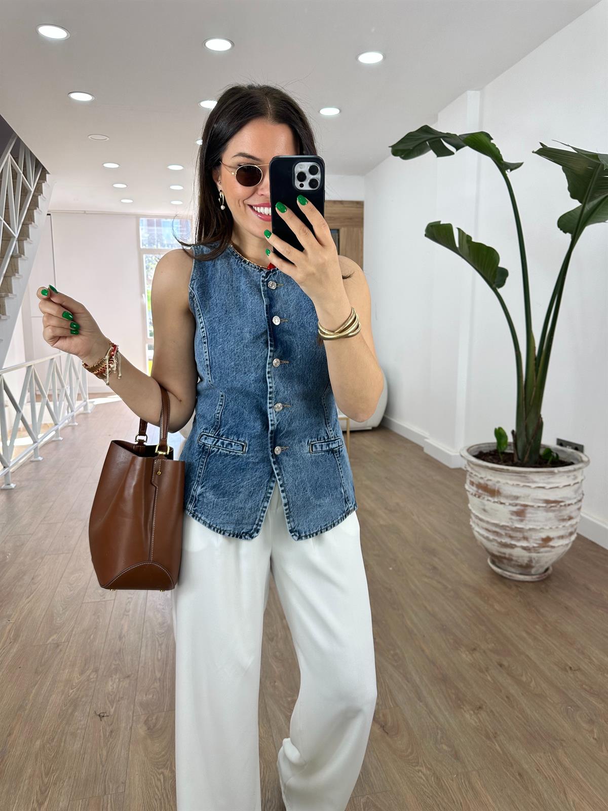 Belden Oturtmalı Denim Yelek