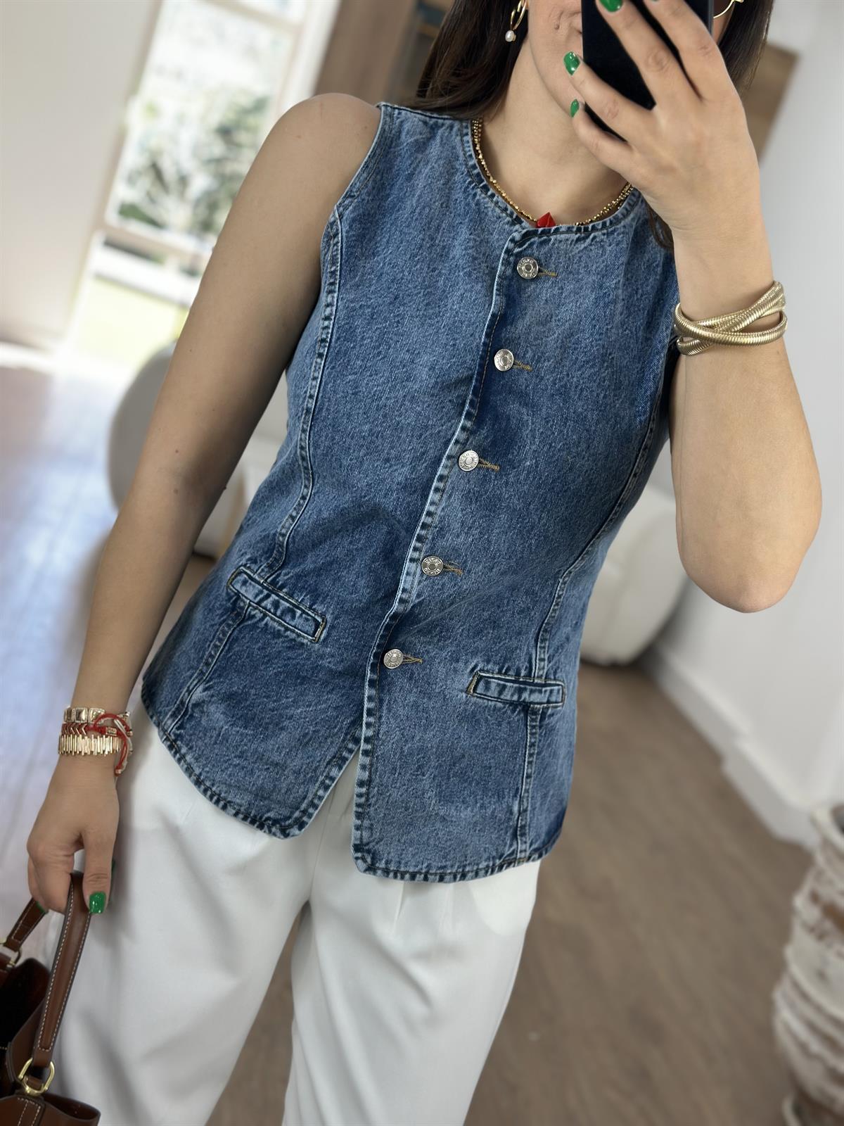 Belden Oturtmalı Denim Yelek