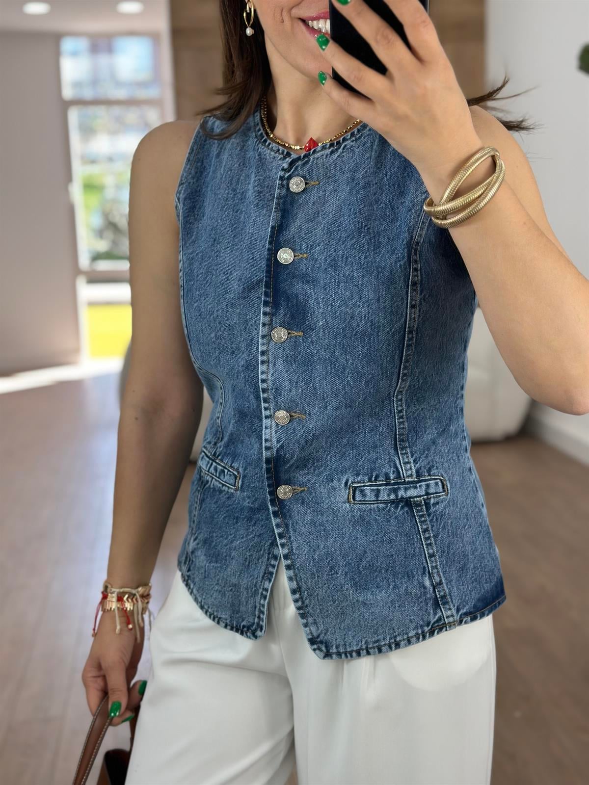 Belden Oturtmalı Denim Yelek