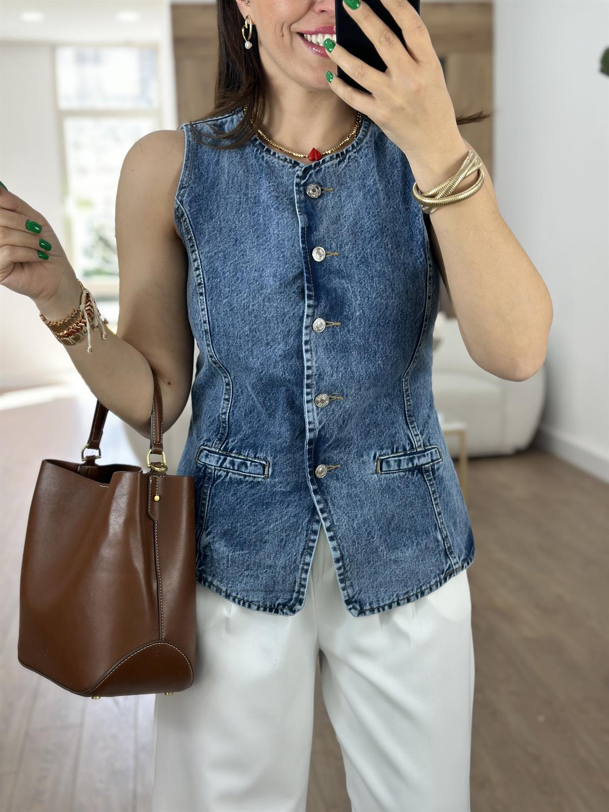 Belden Oturtmalı Denim Yelek