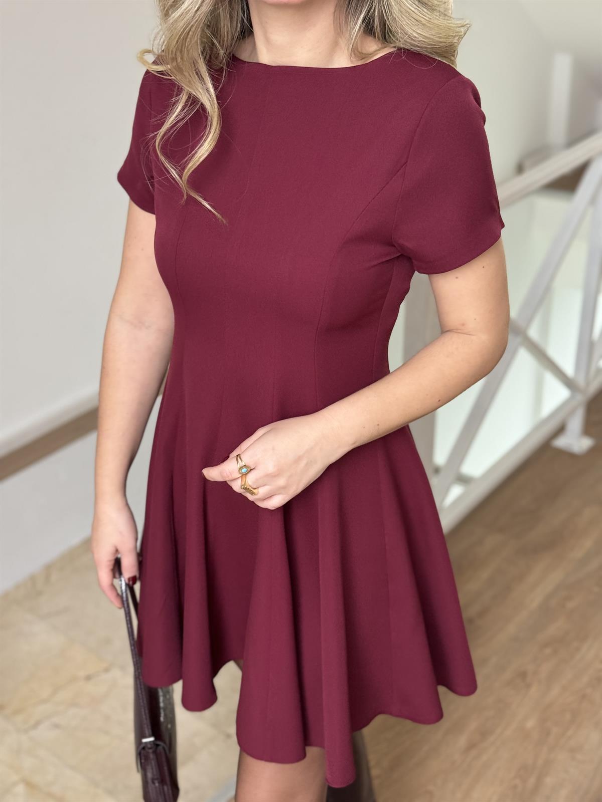 Belden Oturtmalı Kloş Elbise - Bordo