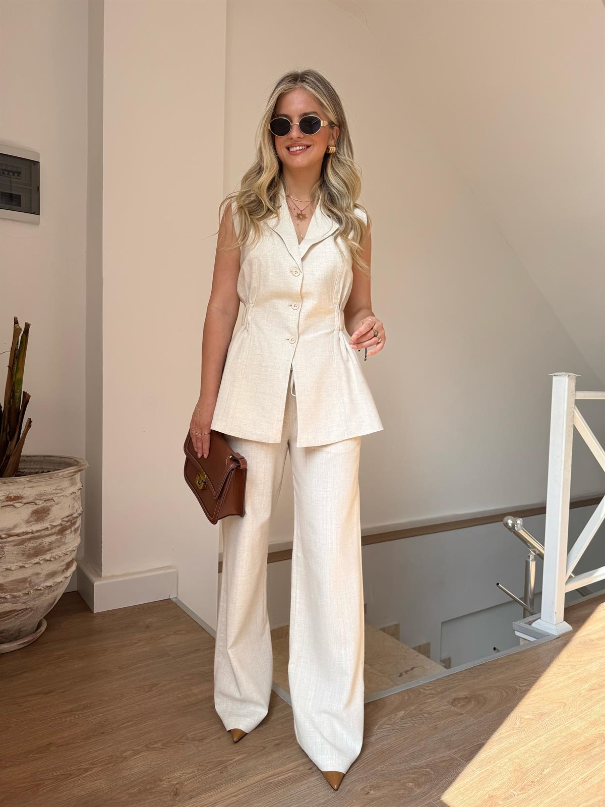 Belden Oturtmalı Yelek Pantolon Takım - Taş