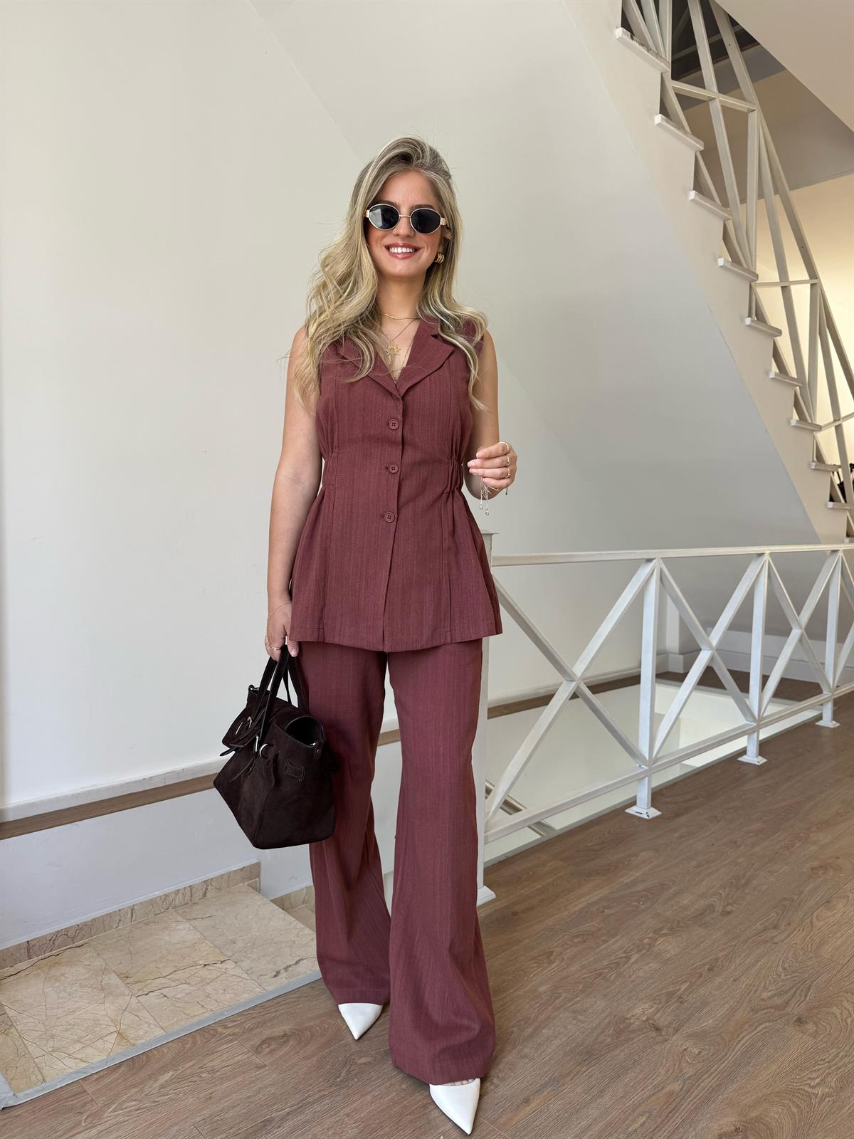 Belden Oturtmalı Yelek Pantolon Takım - Kiremit