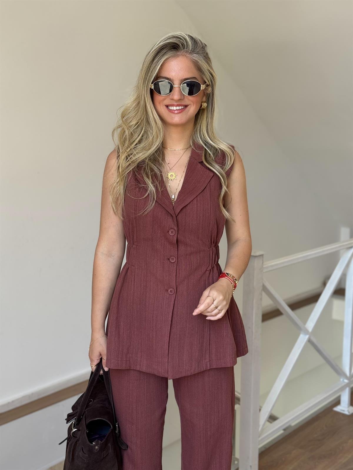 Belden Oturtmalı Yelek Pantolon Takım - Kiremit