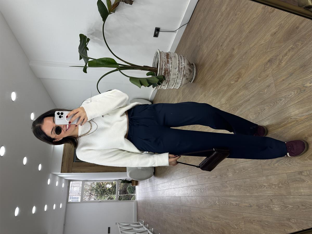 Beli Bağcık Detaylı Palazzo Pantolon - Lacivert