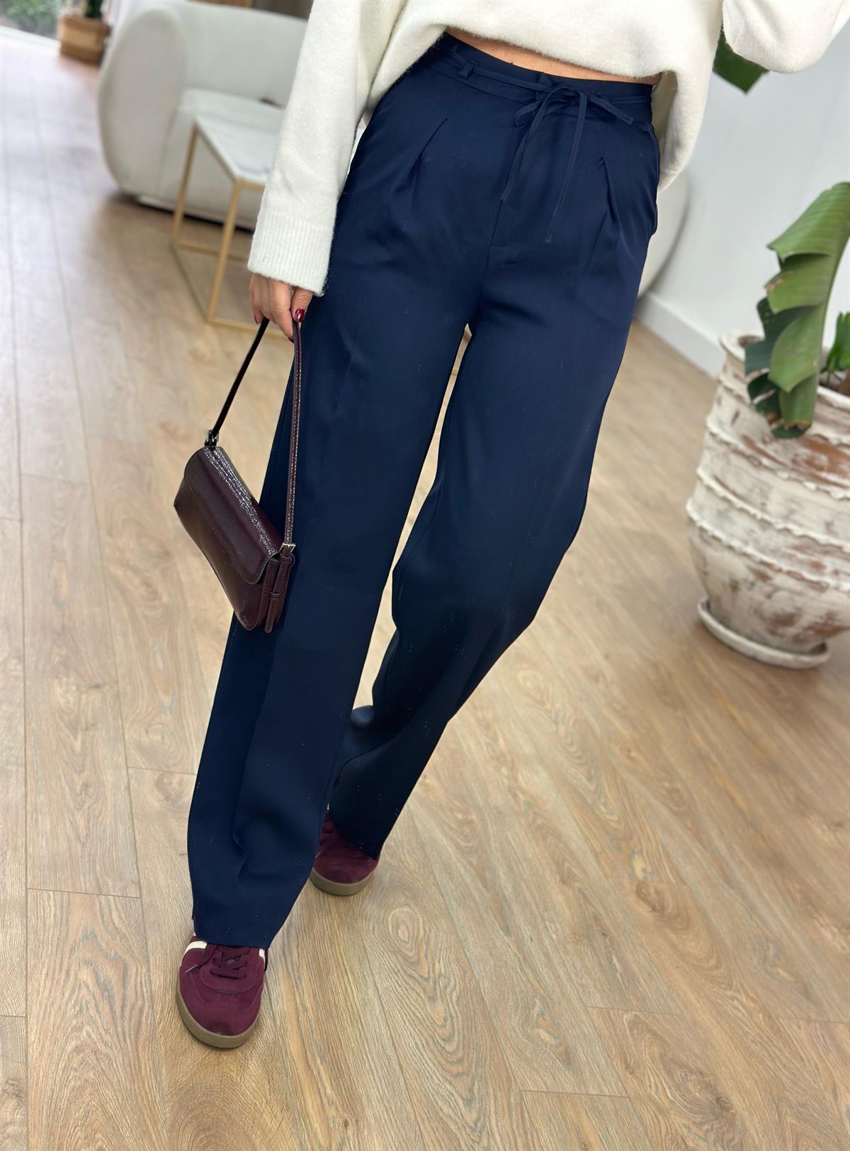 Beli Bağcık Detaylı Palazzo Pantolon - Lacivert