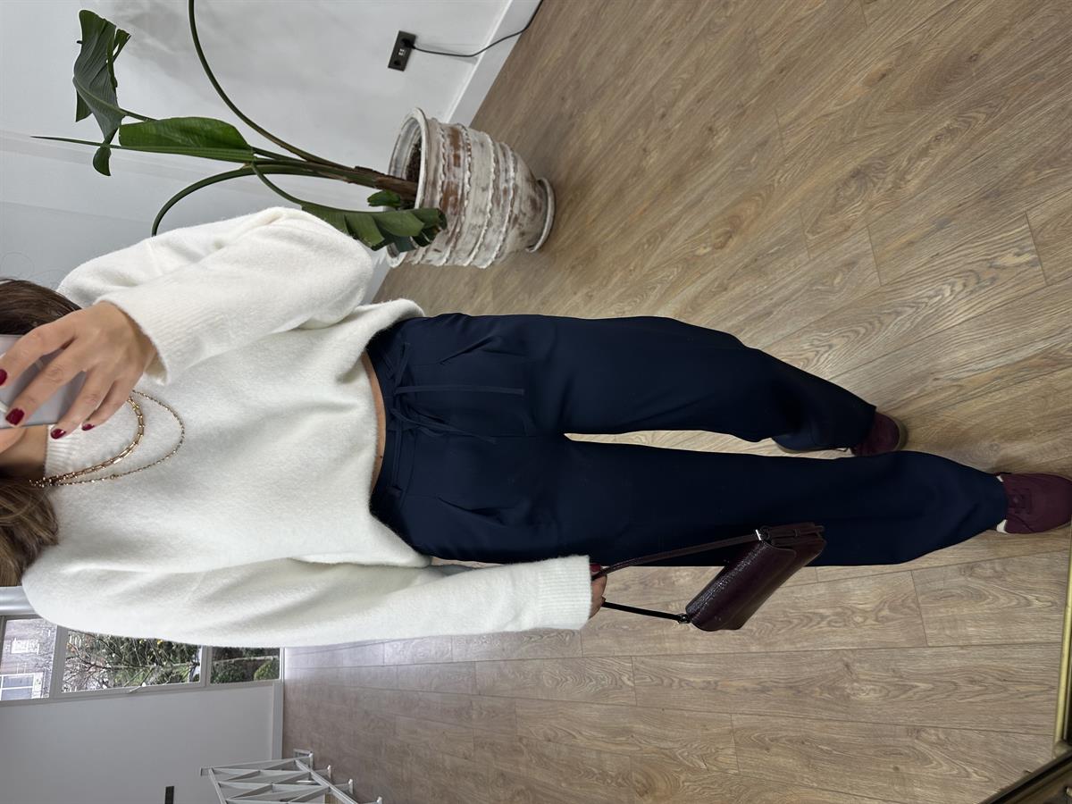 Beli Bağcık Detaylı Palazzo Pantolon - Lacivert