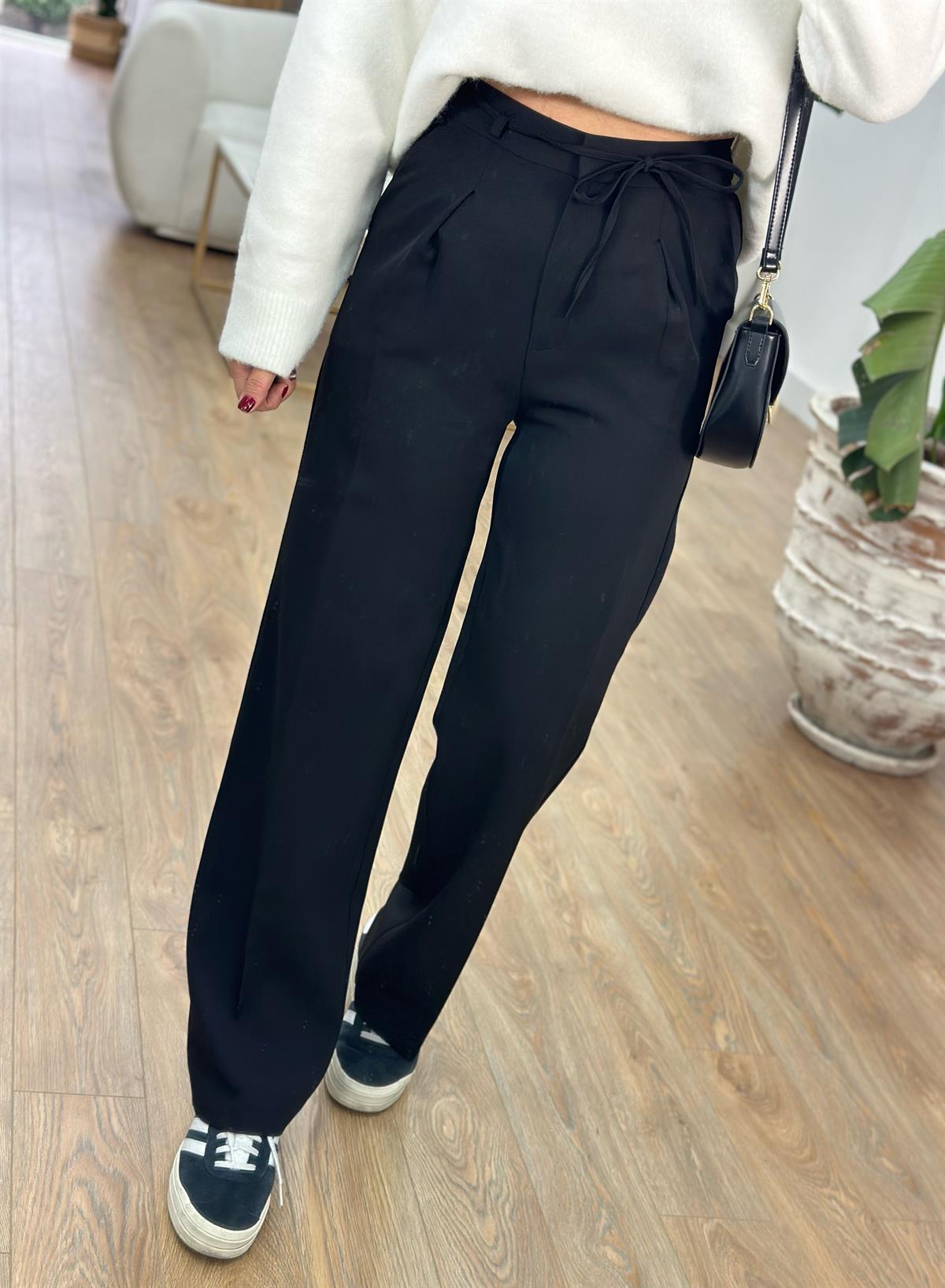 Beli Bağcık Detaylı Palazzo Pantolon - Siyah