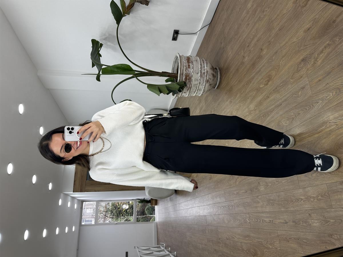 Beli Bağcık Detaylı Palazzo Pantolon - Siyah