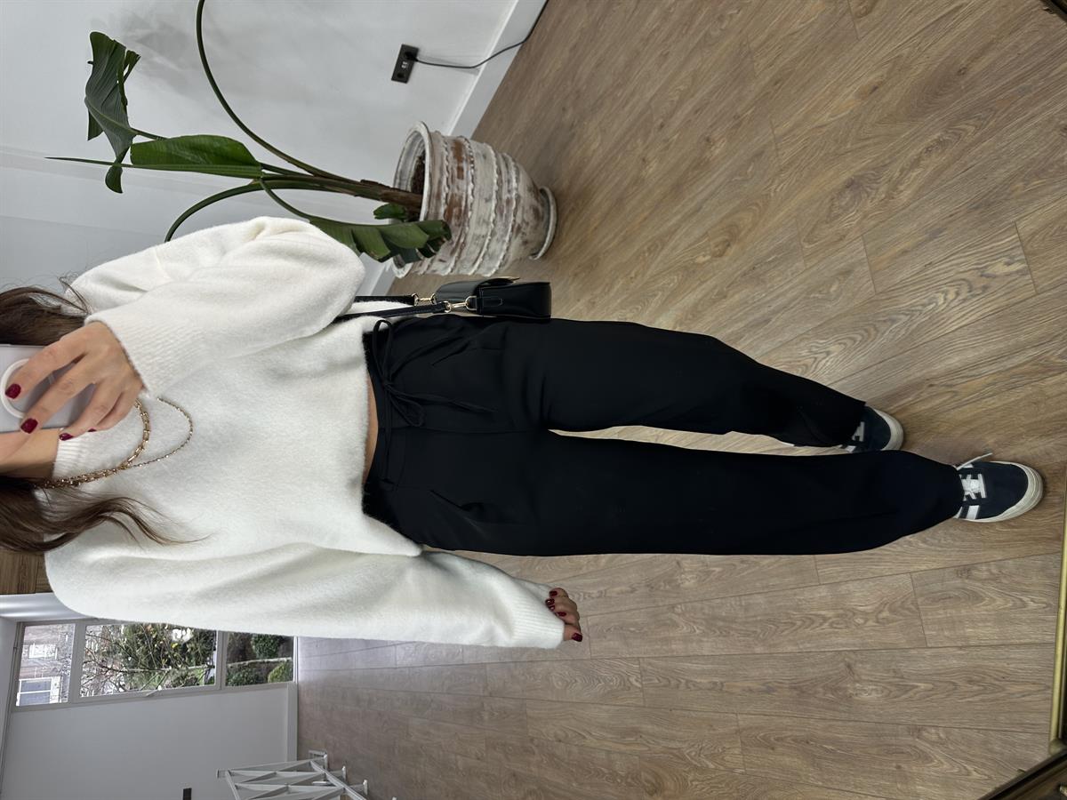 Beli Bağcık Detaylı Palazzo Pantolon - Siyah