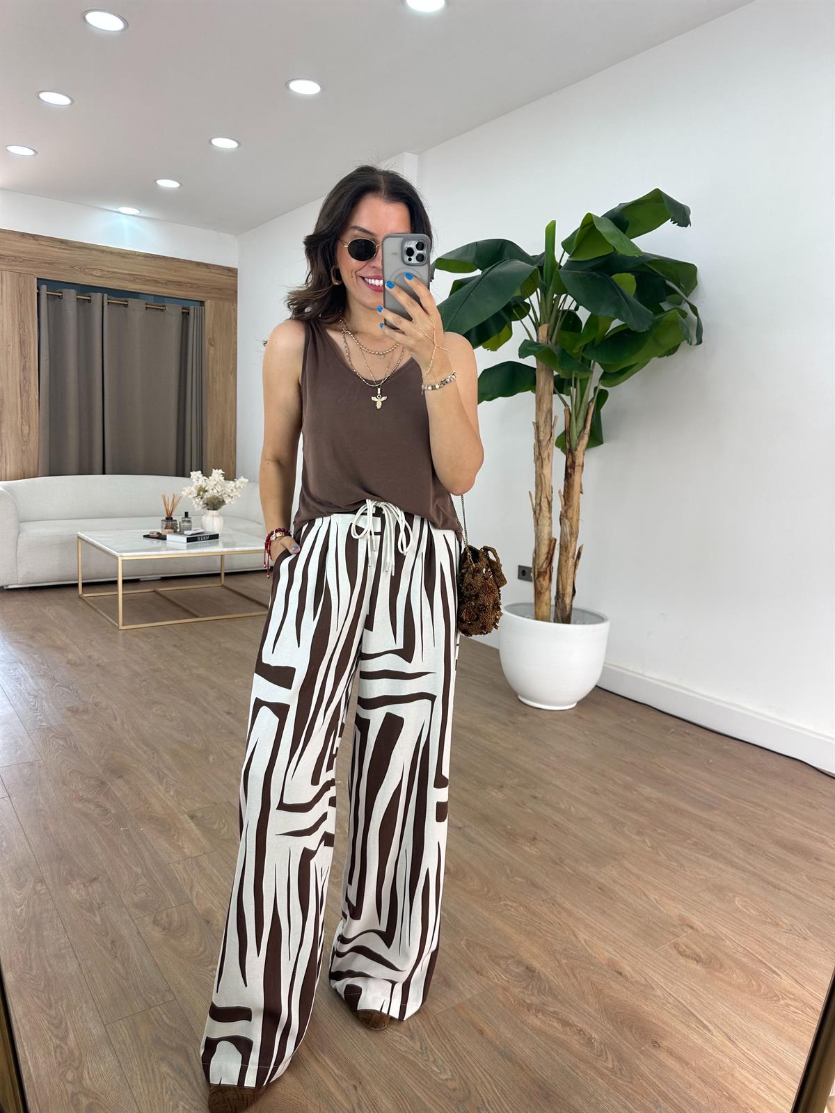 Beli Bağcıklı Bol Paça Pantolon - Kahverengi