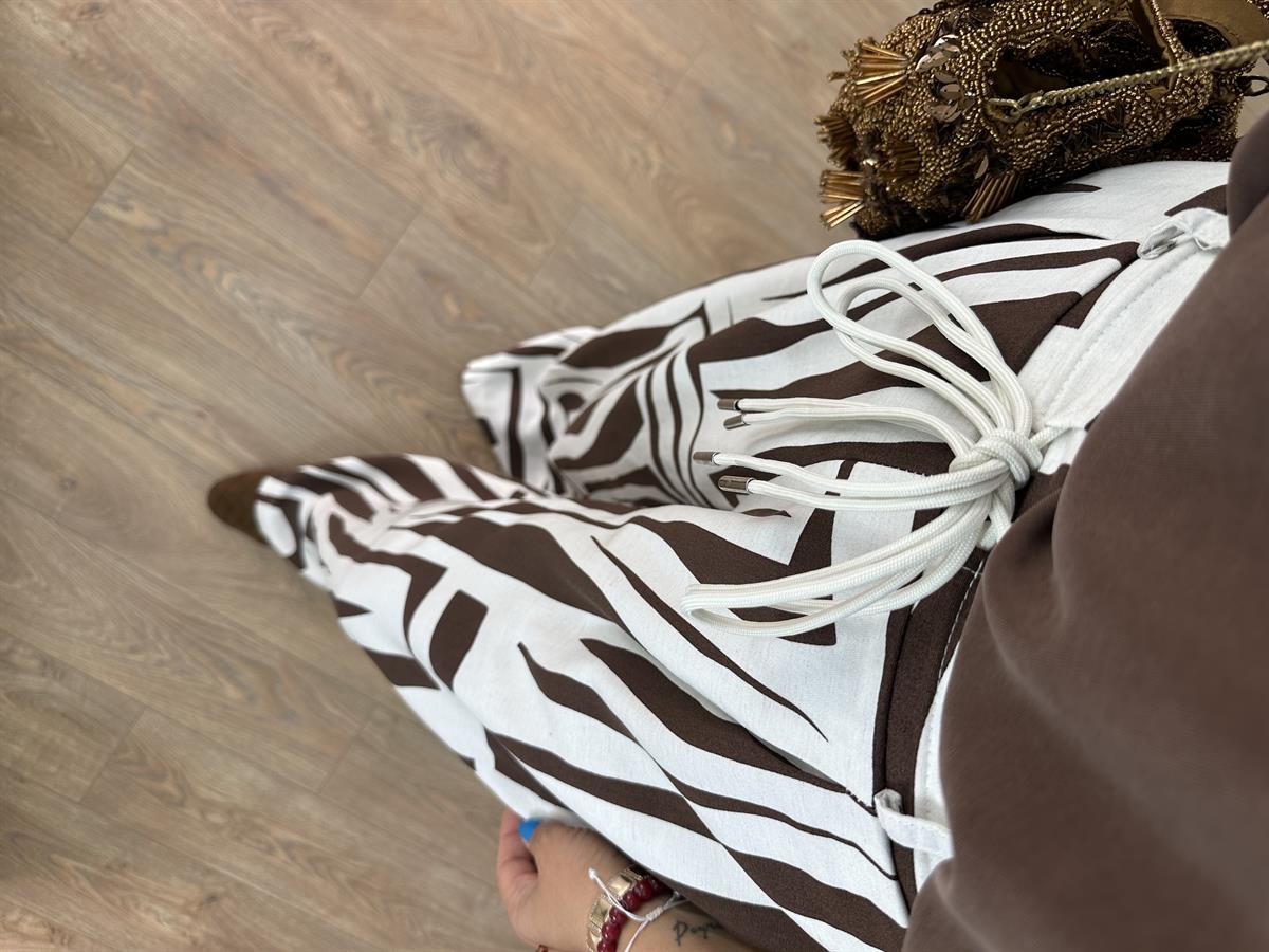 Beli Bağcıklı Bol Paça Pantolon - Kahverengi