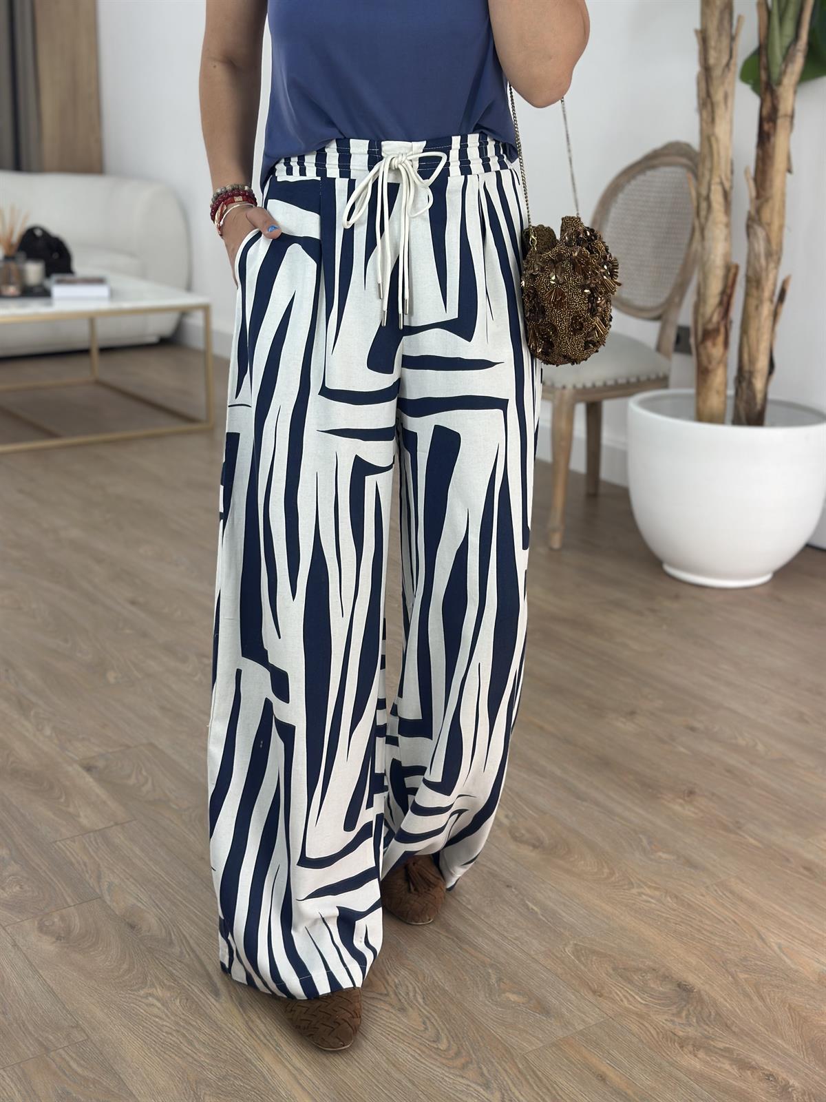 Beli Bağcıklı Bol Paça Pantolon - Mavi