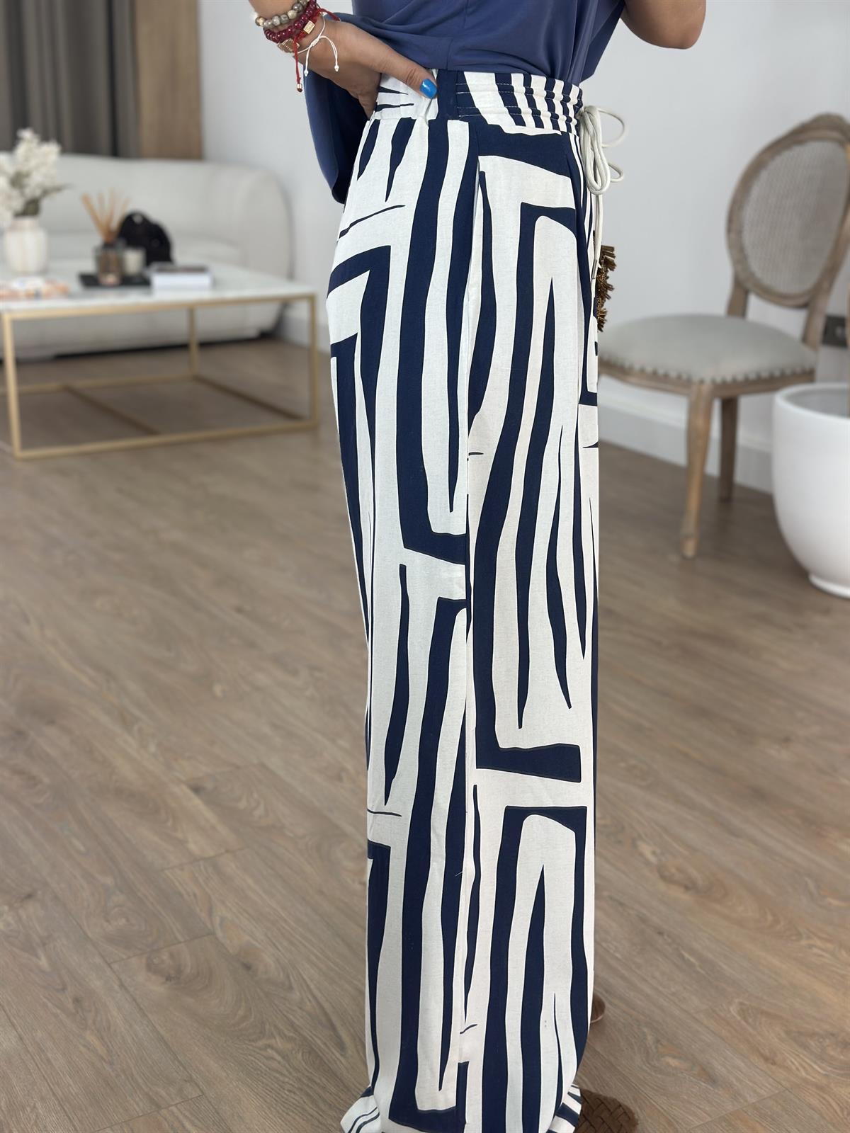 Beli Bağcıklı Bol Paça Pantolon - Mavi