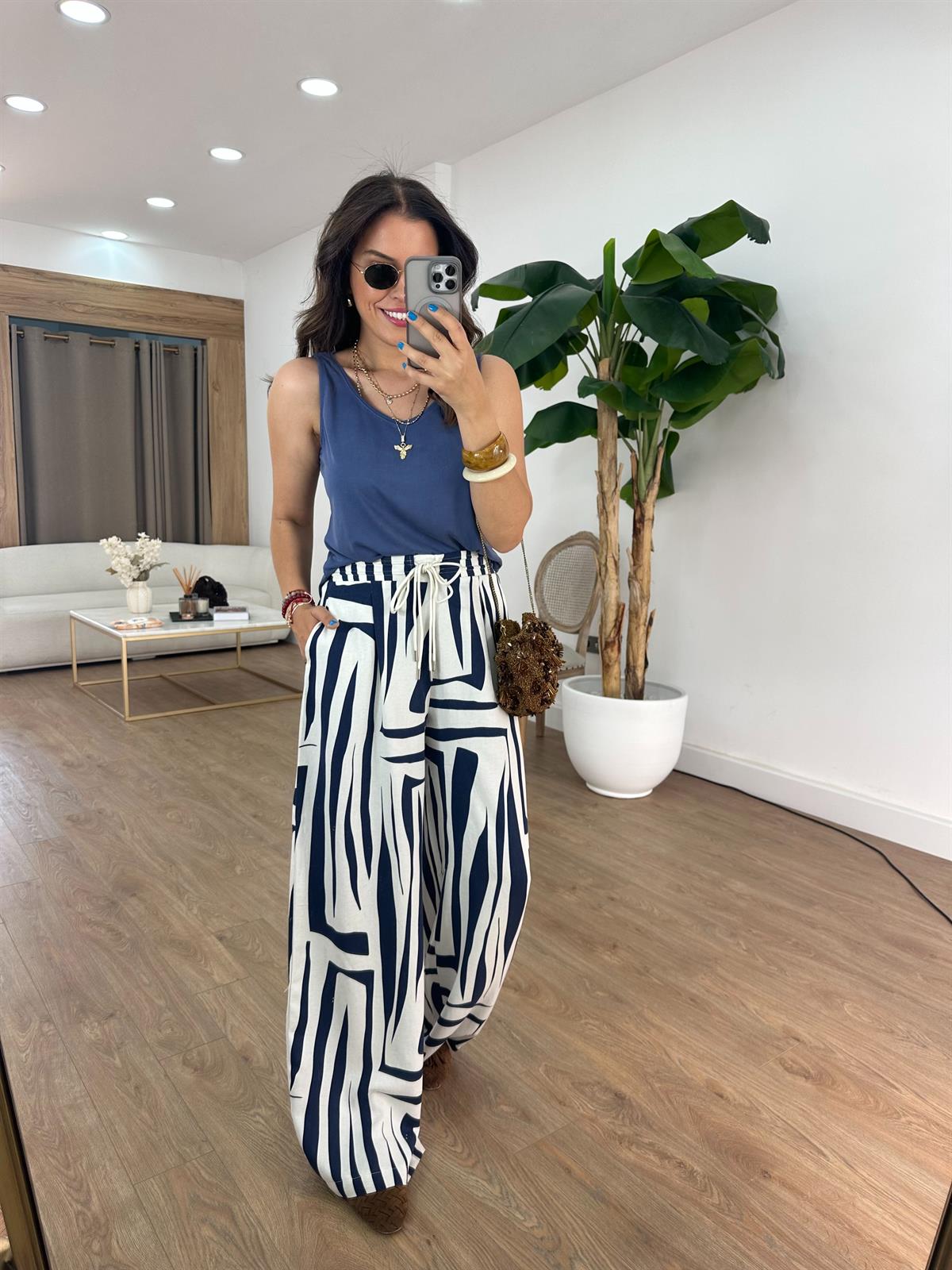 Beli Bağcıklı Bol Paça Pantolon - Mavi