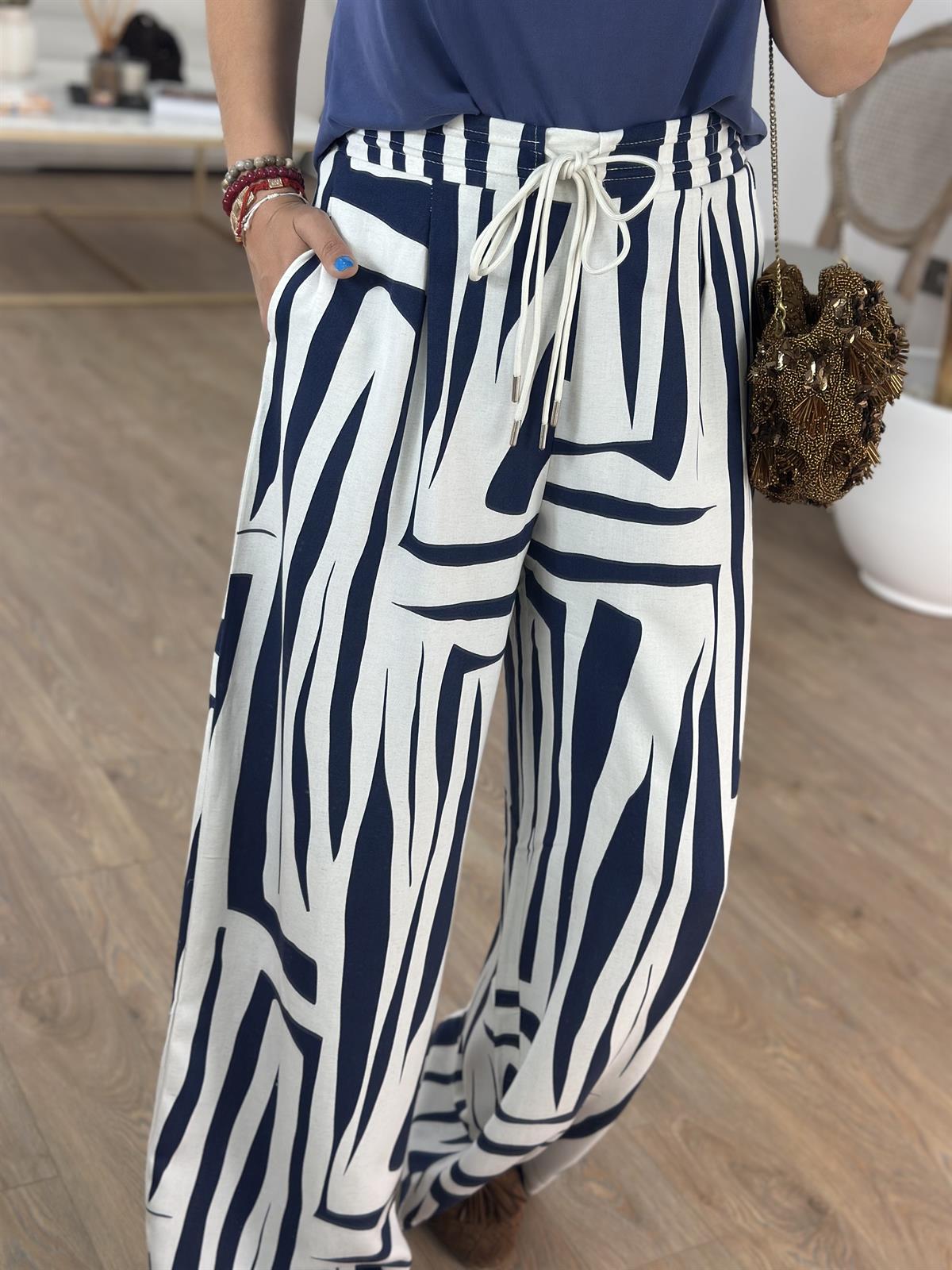 Beli Bağcıklı Bol Paça Pantolon - Mavi