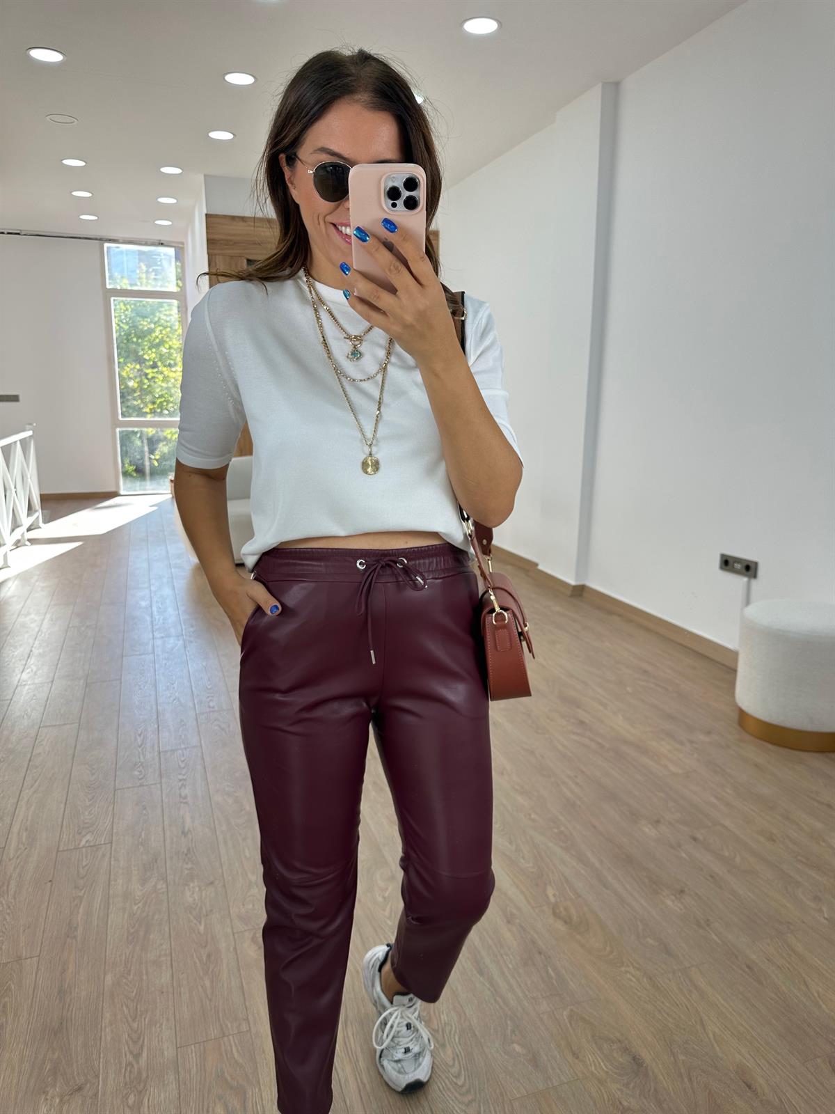 Beli Bağcıklı Deri Pantolon - Bordo 