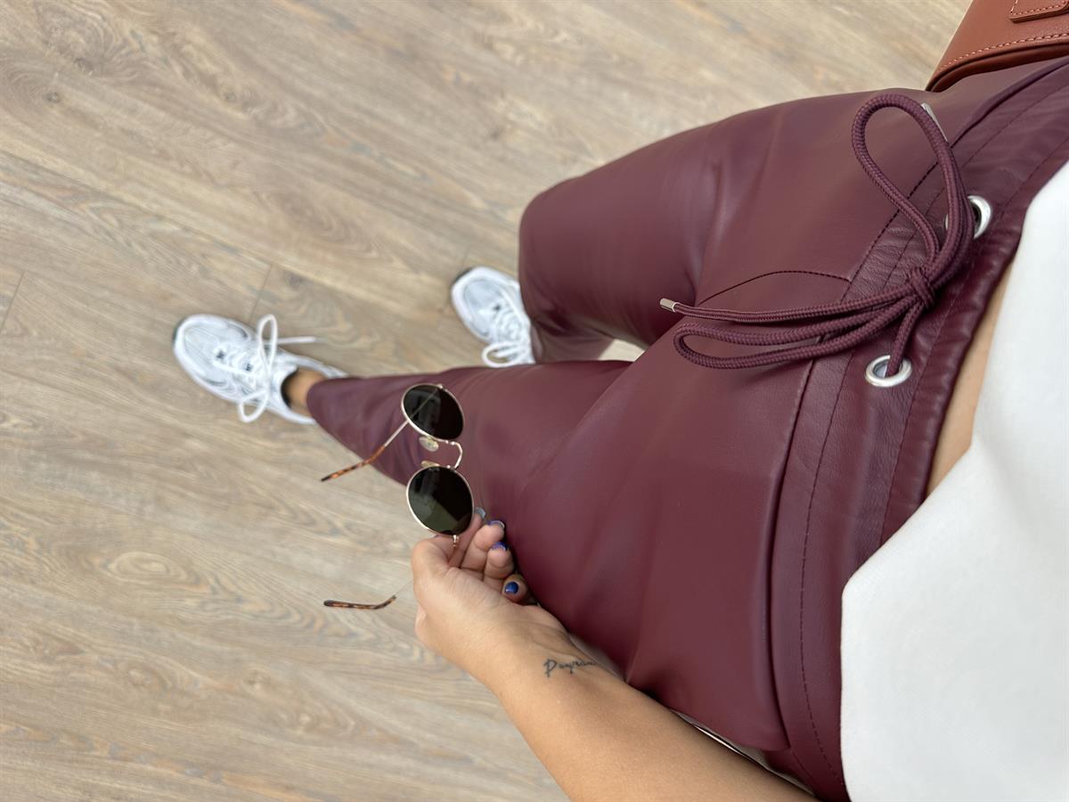 Beli Bağcıklı Deri Pantolon - Bordo 