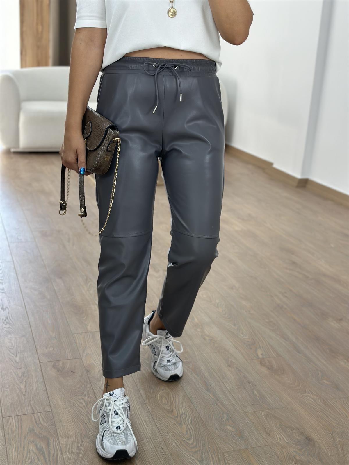 Beli Bağcıklı Deri Pantolon - Gri