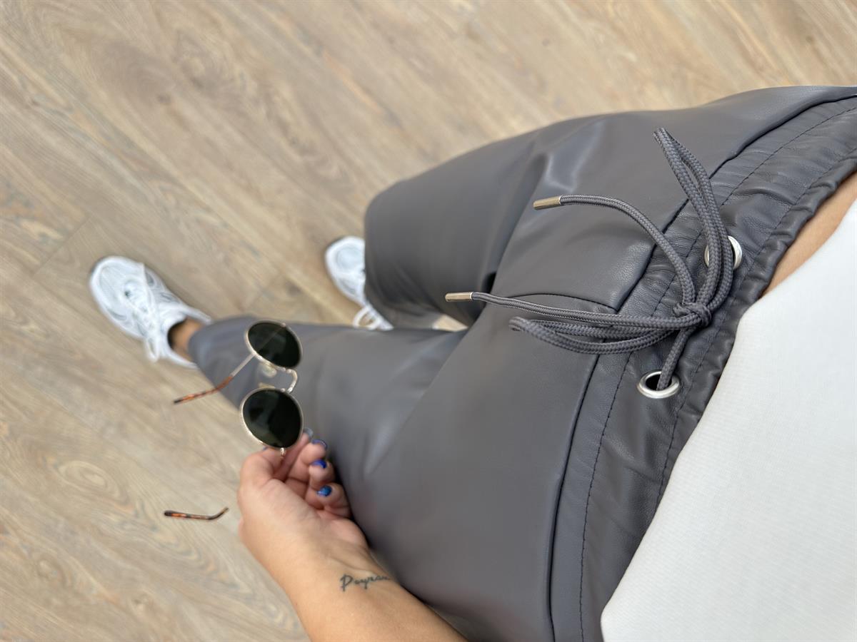 Beli Bağcıklı Deri Pantolon - Gri