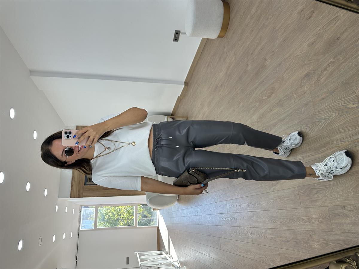 Beli Bağcıklı Deri Pantolon - Gri