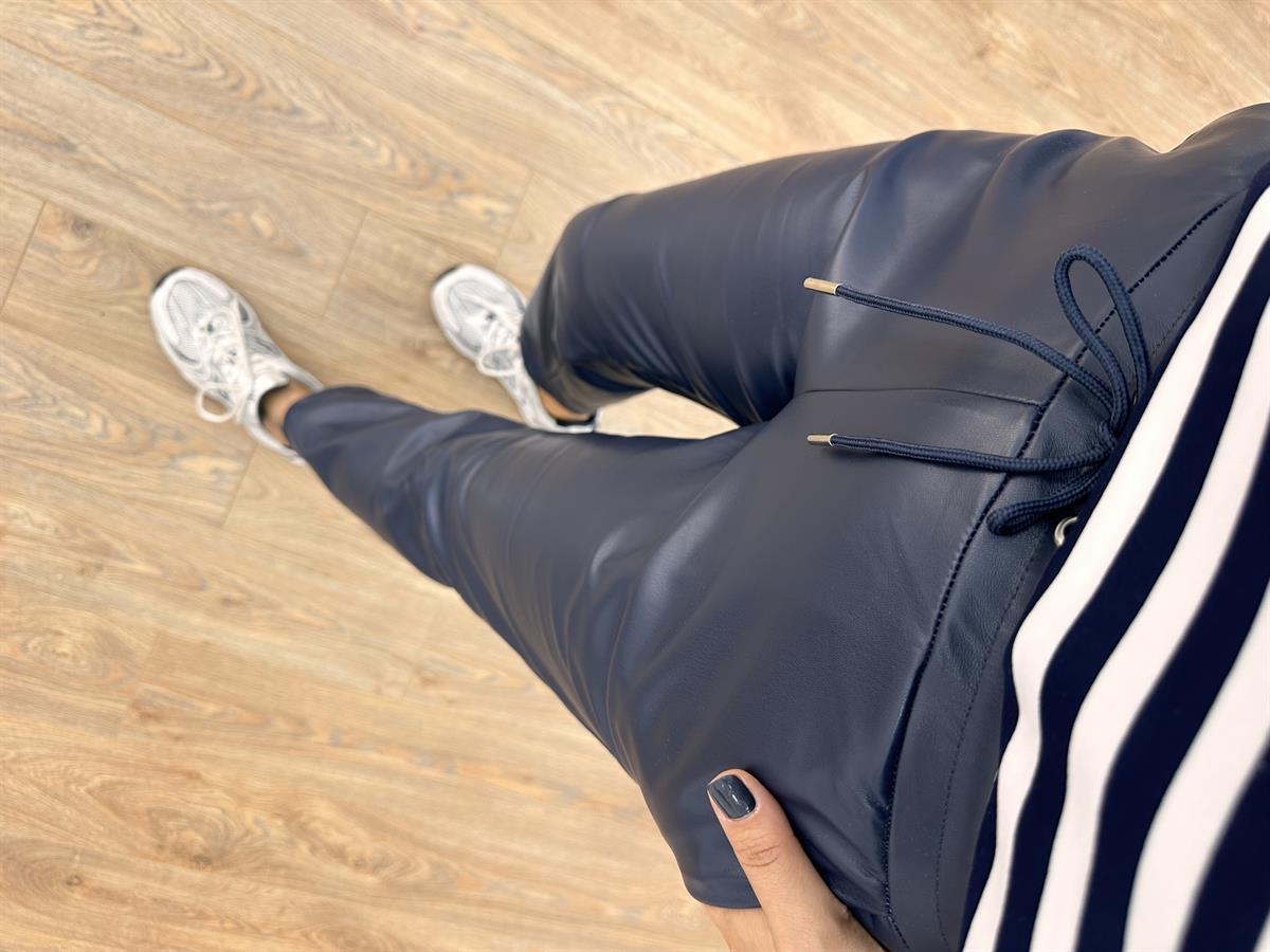 Beli Bağcıklı Deri Pantolon - Lacivert