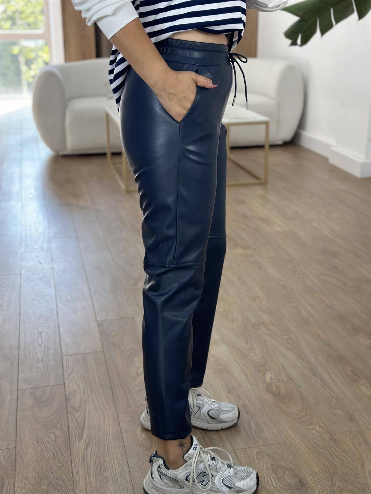 Beli Bağcıklı Deri Pantolon - Lacivert