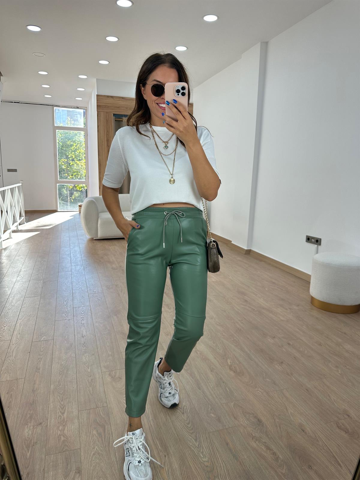 Beli Bağcıklı Deri Pantolon-Mint Yeşili