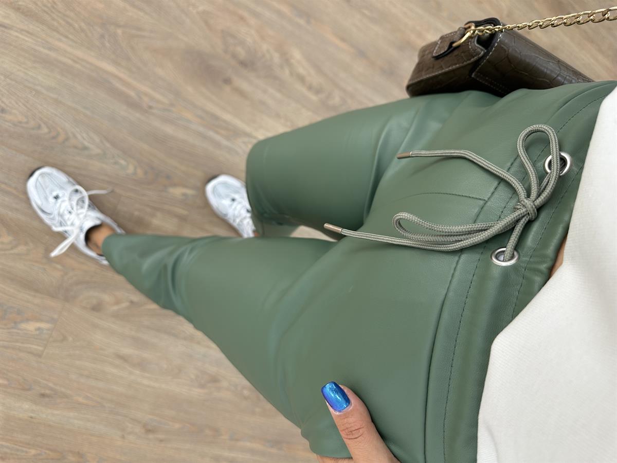 Beli Bağcıklı Deri Pantolon-Mint Yeşili