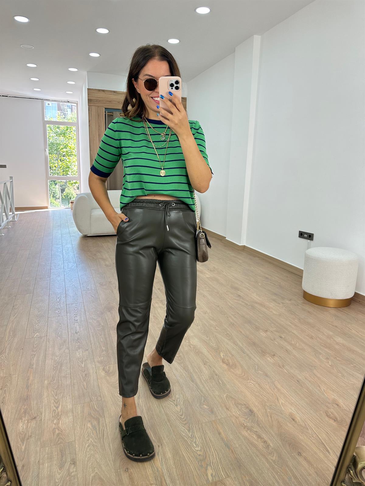 Beli Bağcıklı Deri Pantolon - Siyah