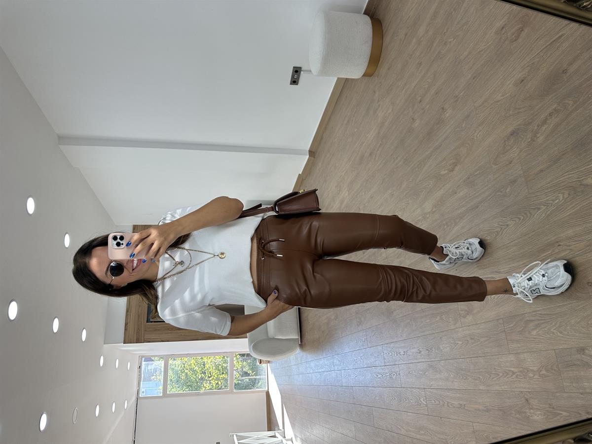 Beli Bağcıklı Deri Pantolon-Taba