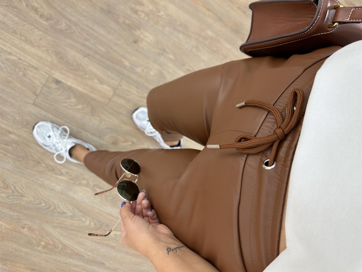 Beli Bağcıklı Deri Pantolon-Taba