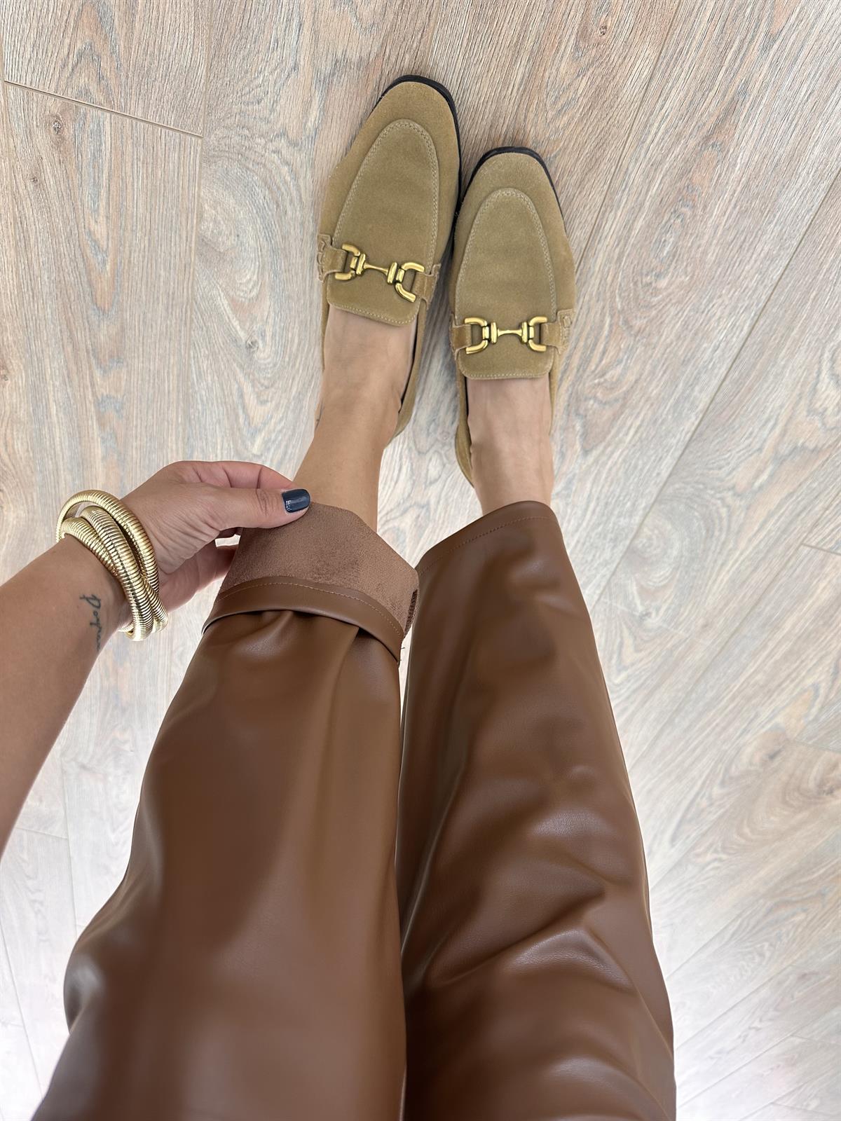 Beli Bağcıklı Deri Pantolon - Taba