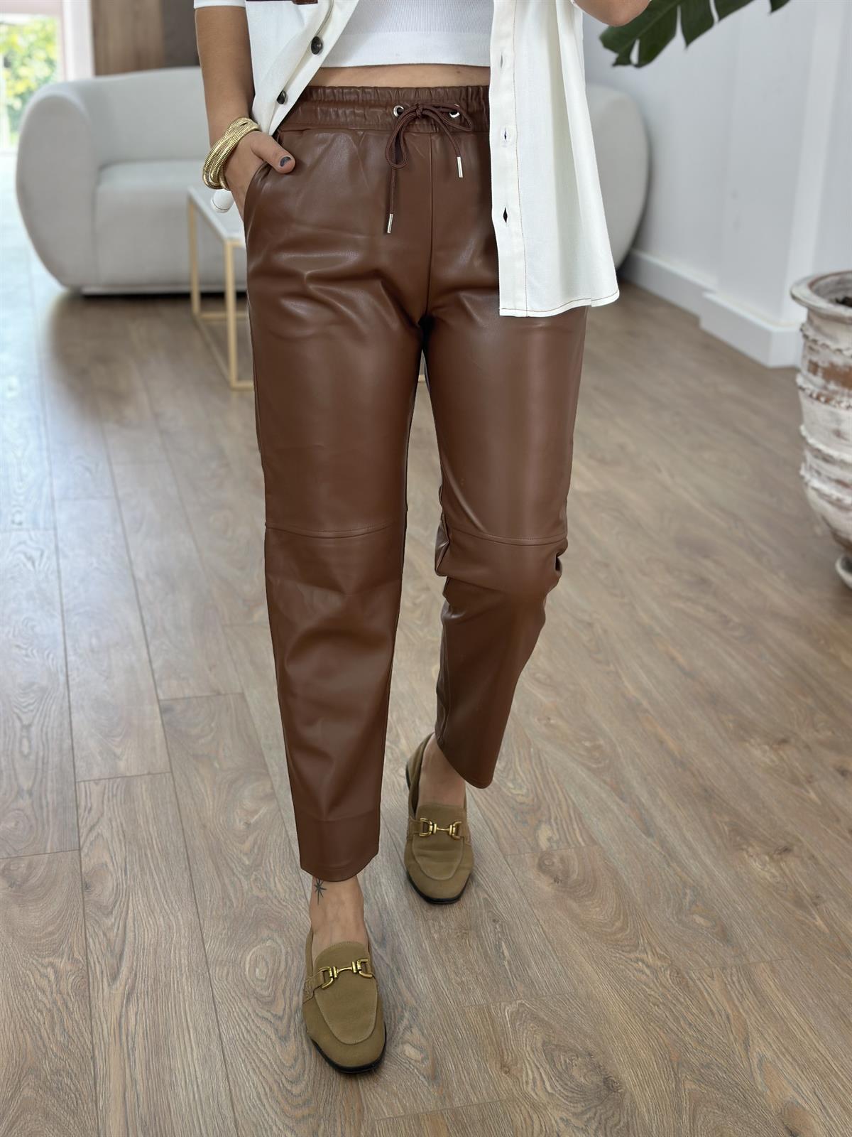 Beli Bağcıklı Deri Pantolon - Taba