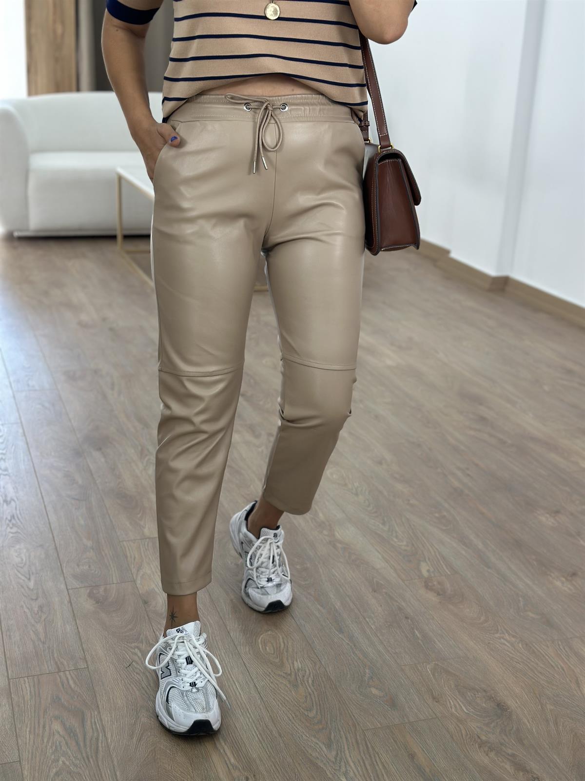 Beli Bağcıklı Deri Pantolon - Vizon