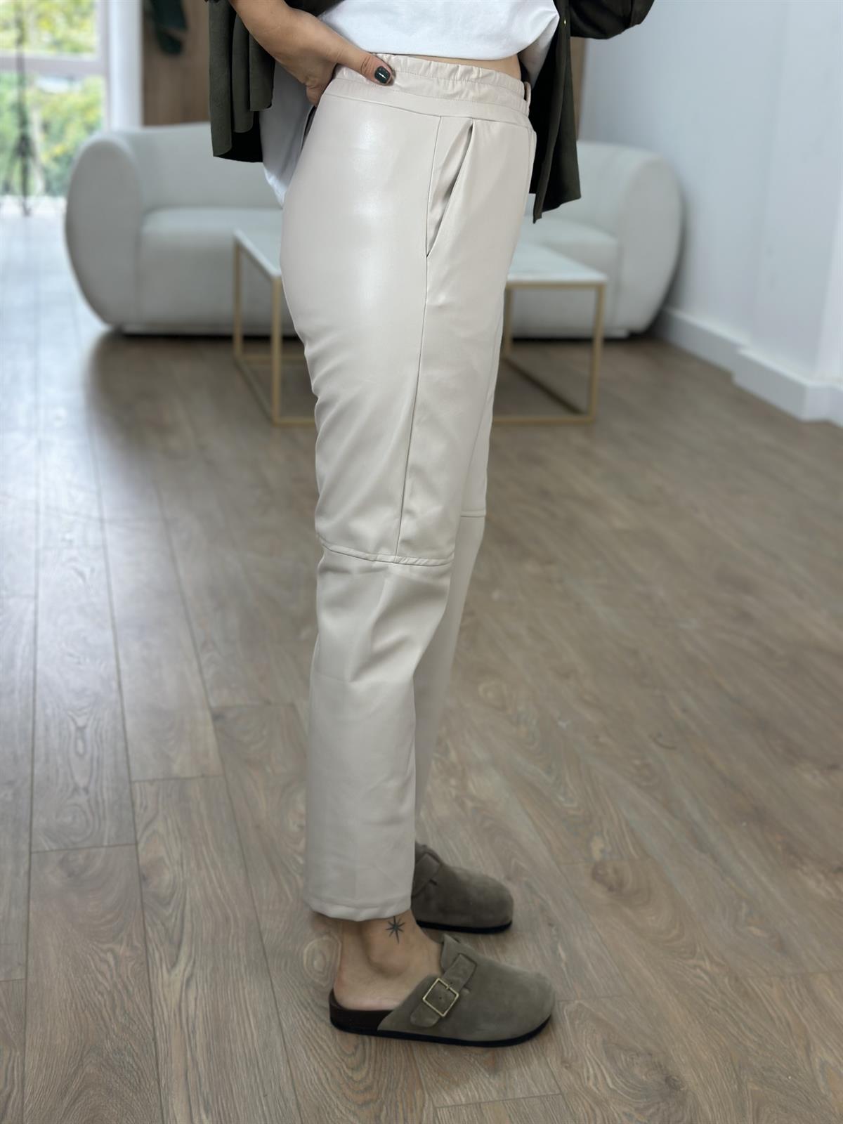 Beli Bağcıklı Deri Pantolon - Vizon