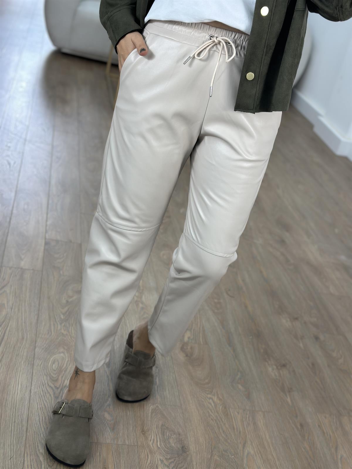 Beli Bağcıklı Deri Pantolon - Vizon